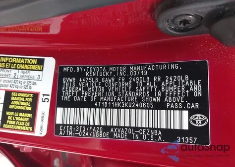 2019 Toyota Camry Le из США, поврежденный, VIN 4T1B11HK3KU240605